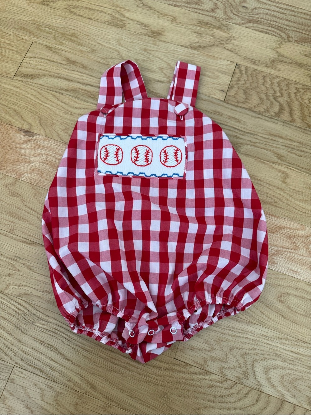Red Gingham Baby One-Piece Romper with Baseball Patch